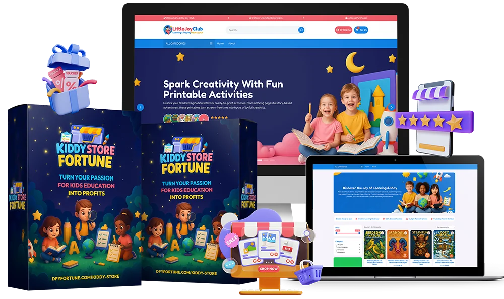 Kiddy Store Fortune review hero image showing the kids printables store homepage