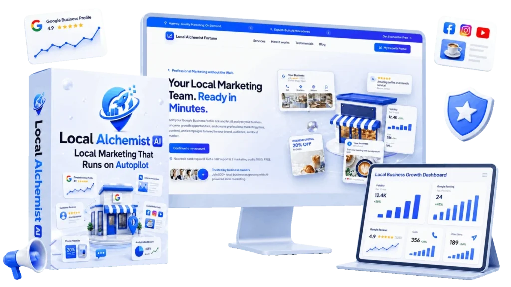 Local Alchemist AI review showing the customer dashboard and service catalog
