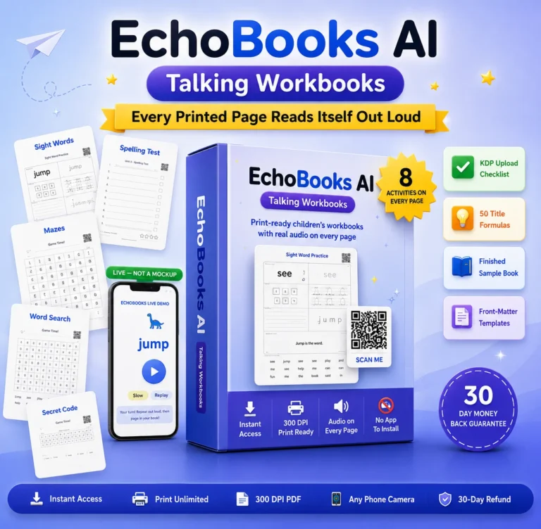 EchoBooks AI review — printable children's workbook pages with QR code audio on Amazon KDP