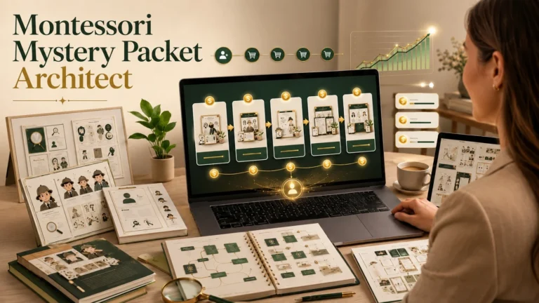 Montessori Mystery Packet Architect review — finished mystery packet printable spread on a desk